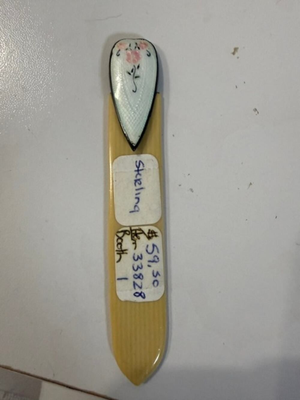 Vintage Sterling Silver Floral Enamel Celluloid Bookmark Letter Opener 3.6"